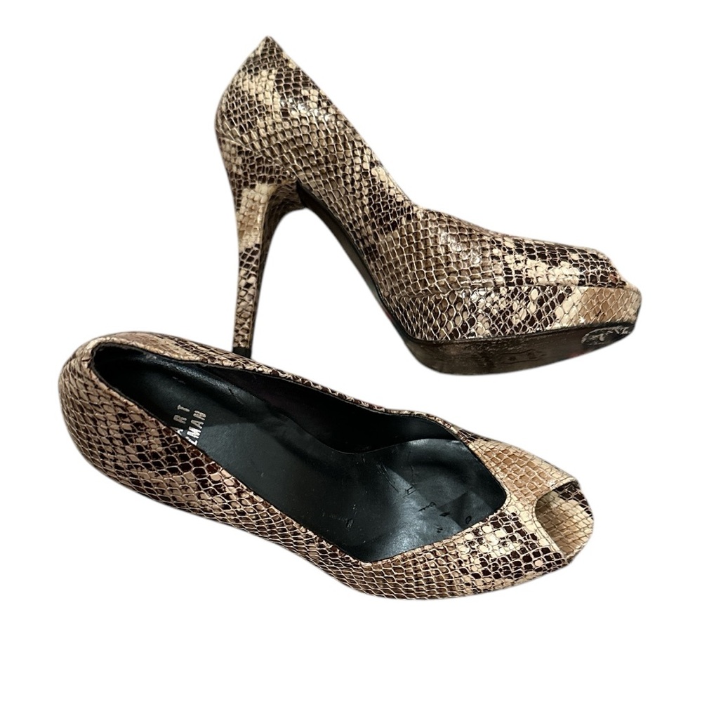 STUART WEITZMAN PYTHON SNAKESKIN PEEP TOE PLATFORMS STILETTO HEELS 7.5
